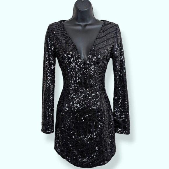 Black Sequin Deep V Fitted Mini Dress - Picture 1 of 8